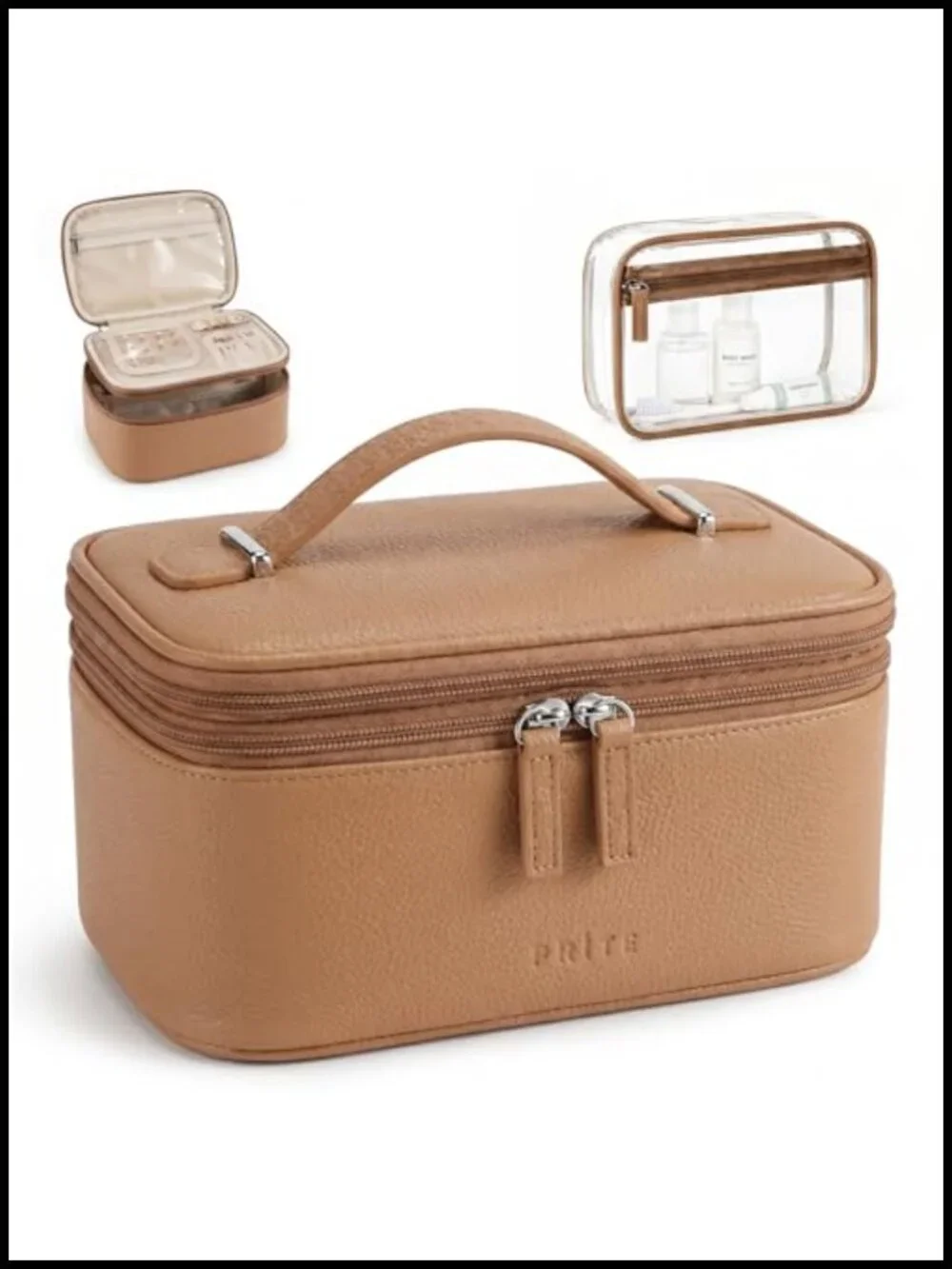 PU Leather Dual-Layer Makeup Bag Set with Clear Toiletry Pouch and Jewelry